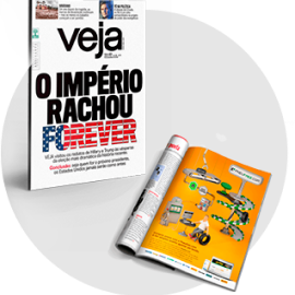 Duas revistas, uma em pé com o logo da Veja e outra deitada aberta